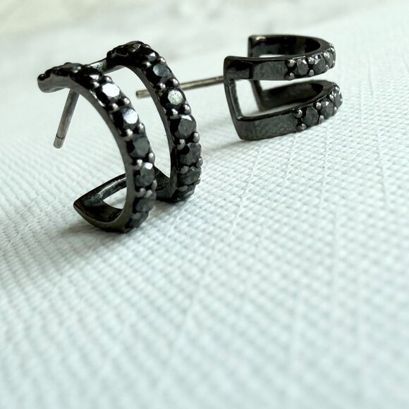 14K BLACK GOLD GEM DOUBLE HOOP EARRINGS - Picture 3 of 12